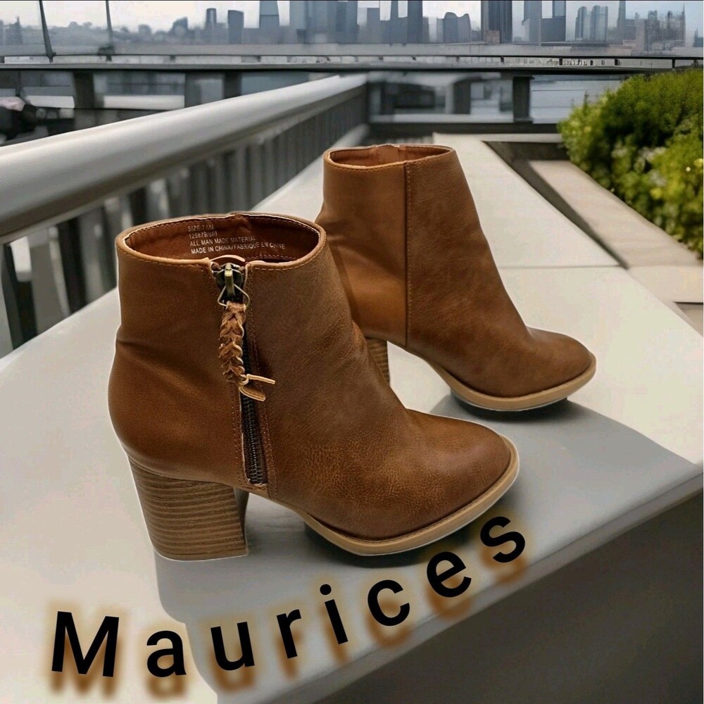MAURICES Women's Brown Ankle Boots with Braided Zipper Pull, Size 7.5M